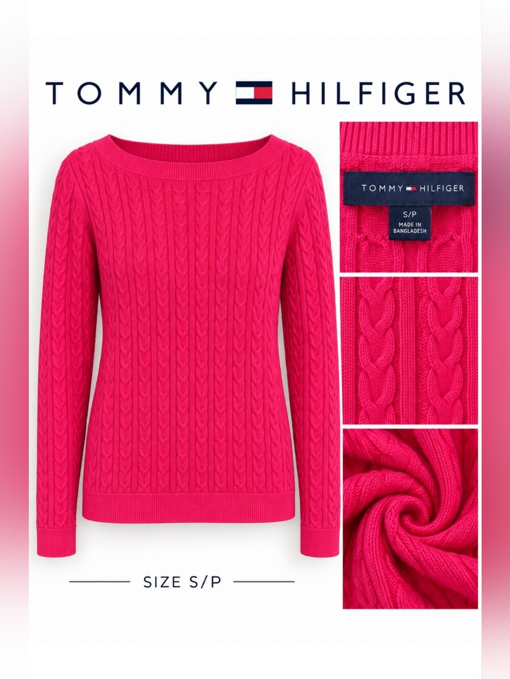 EUC Tommy Hilfiger Cotton Vibrant Pink Cable Knit Sweater, Size S/P
